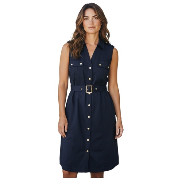Calvin Klein Dresses & Skirts - Calvin Klein Shirt Dress Women’s Sz 12 Navy Blue Sleeveless Midi V-Neck Belt